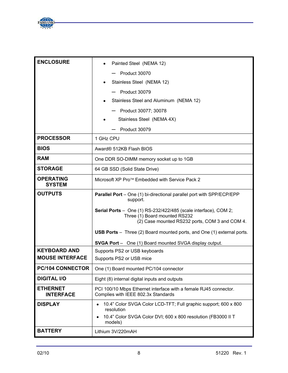 Technical specifications | Fairbanks FB3000 II Operators Manual User Manual | Page 8 / 68