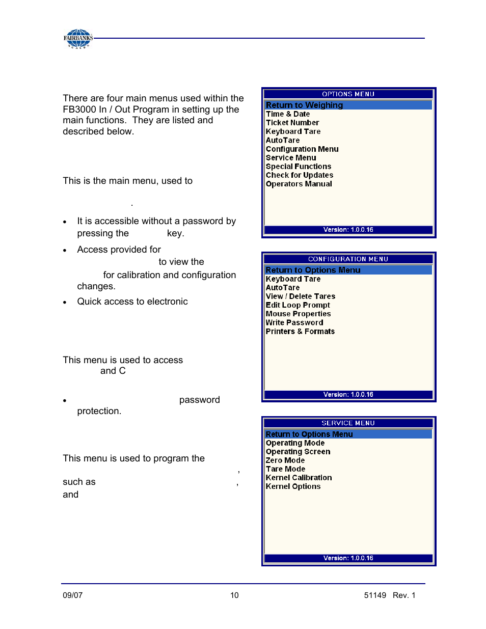 Defining the main menus, Options menu, Menu | Audit trail, Configuration menu, Service menu, Scale capacity, calibration, Graduation size | Fairbanks FB3000 Inbound/Outbound  Program Operators Manual User Manual | Page 10 / 40
