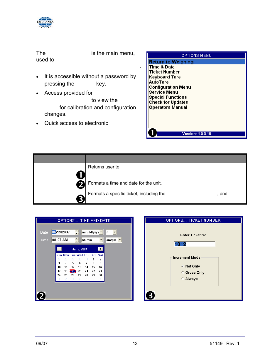 Options menu descriptions, continued, Options menu, Menu | Audit trail | Fairbanks FB3000 Inbound/Outbound  Program Operators Manual User Manual | Page 13 / 40