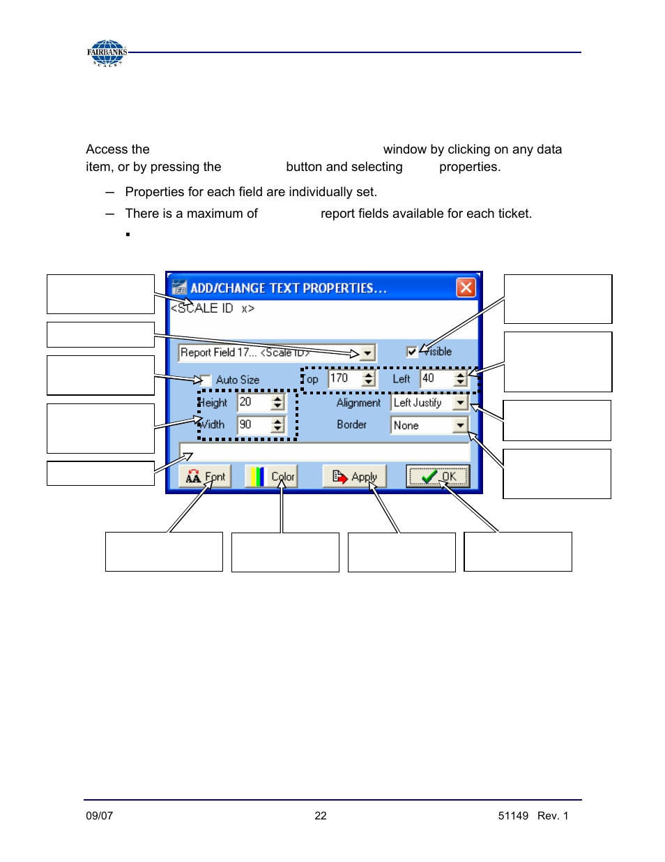 Editing the ticket properties, Add/change text properties, Options | Edit | Fairbanks FB3000 Inbound/Outbound  Program Operators Manual User Manual | Page 22 / 40