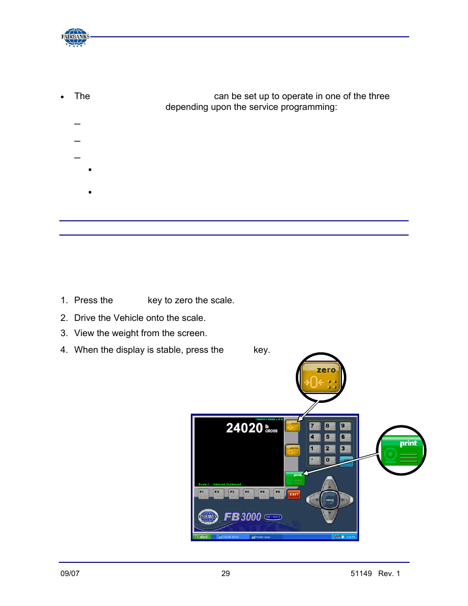 Modes of operation, Fb3000 in/out program, Gross weighing | In/out weighing, Gtn (gross / tare / net) weighing, Service-programmable only, Zero, Print, A gross weight ticket prints | Fairbanks FB3000 Inbound/Outbound  Program Operators Manual User Manual | Page 29 / 40