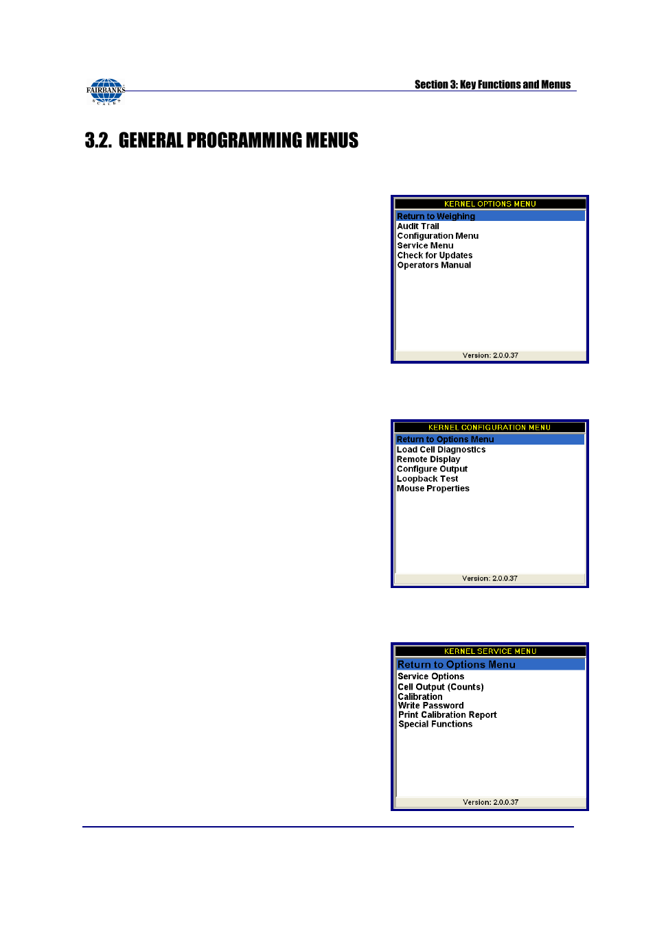 General programming menus | Fairbanks FB3000 Kernel Program Operators Manual User Manual | Page 15 / 69