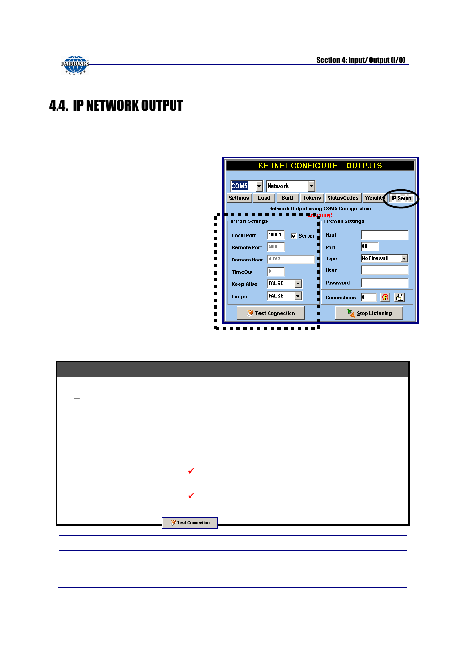 Ip network output, Ip setup menu overview, Socks protocol | Fairbanks FB3000 Kernel Program Operators Manual User Manual | Page 32 / 69