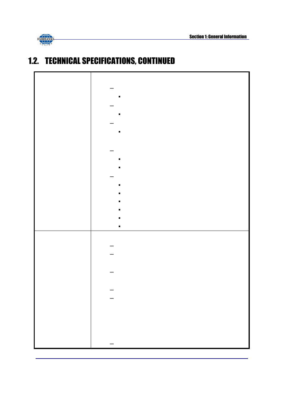 Technical specifications, continued | Fairbanks FB3000 Kernel Program Operators Manual User Manual | Page 8 / 69