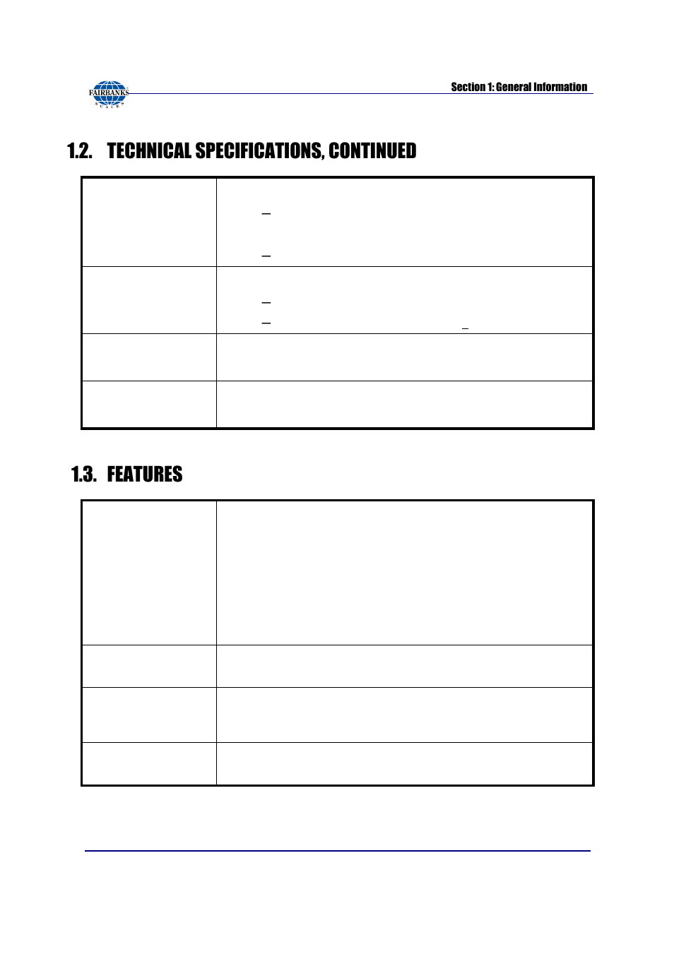 Technical specifications, continued, Features | Fairbanks FB3000 Kernel Program Operators Manual User Manual | Page 9 / 69