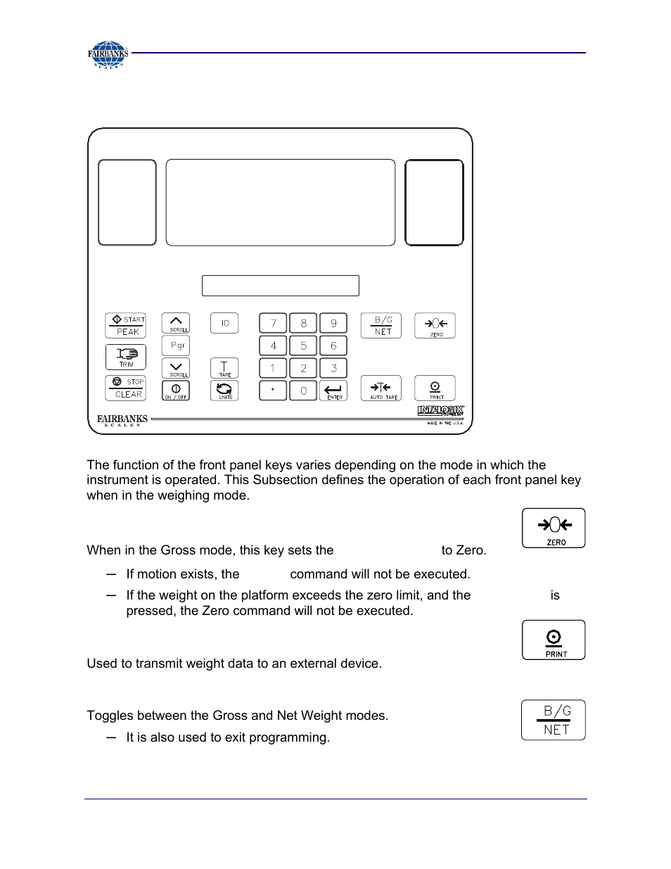 Front panel key functions | Fairbanks 2800 Series Intrinsically Safe Instrument User Manual | Page 19 / 73