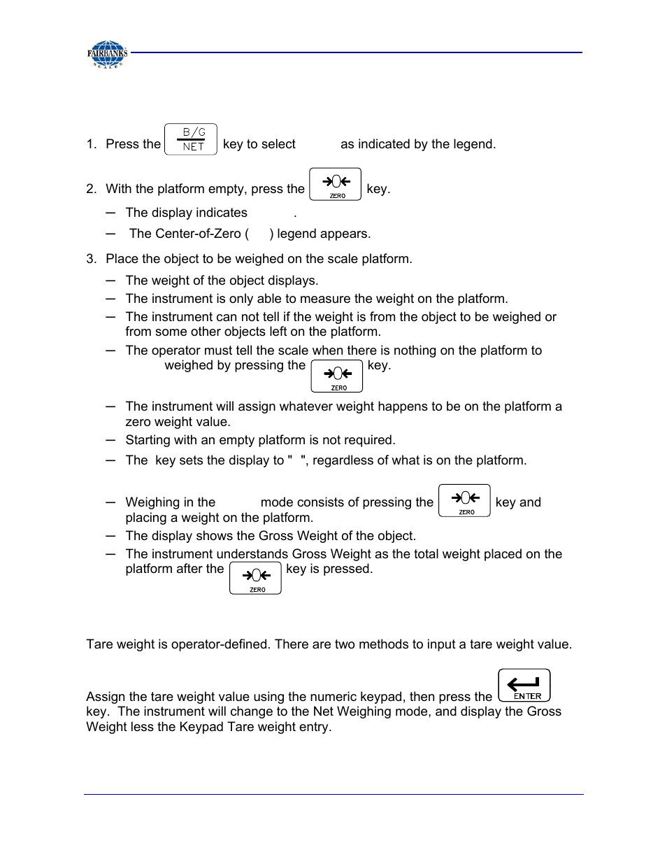Gross weighing, Zero, Tare weights | Keypad tare entry | Fairbanks 2800 Series Intrinsically Safe Instrument User Manual | Page 25 / 73