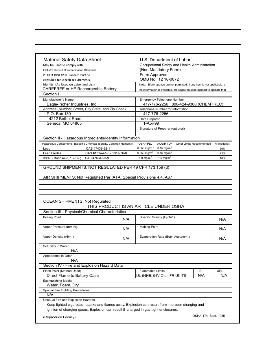 Appendix iii: material safety data sheet, Material safety data sheet | Fairbanks 2800 Series Intrinsically Safe Instrument User Manual | Page 62 / 73