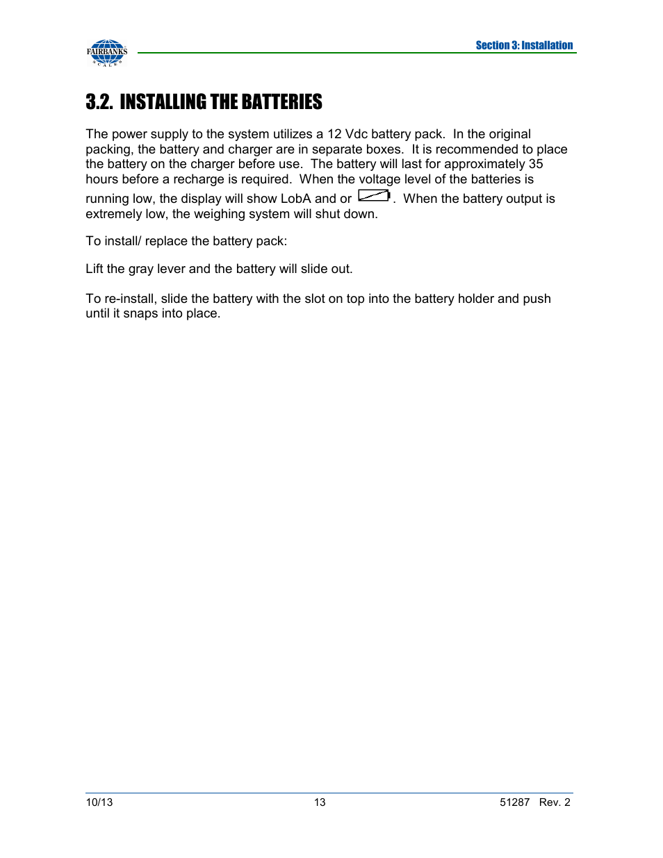 Installing the batteries | Fairbanks 4100 SERIES Pallet Weigh Plus User Manual | Page 13 / 30