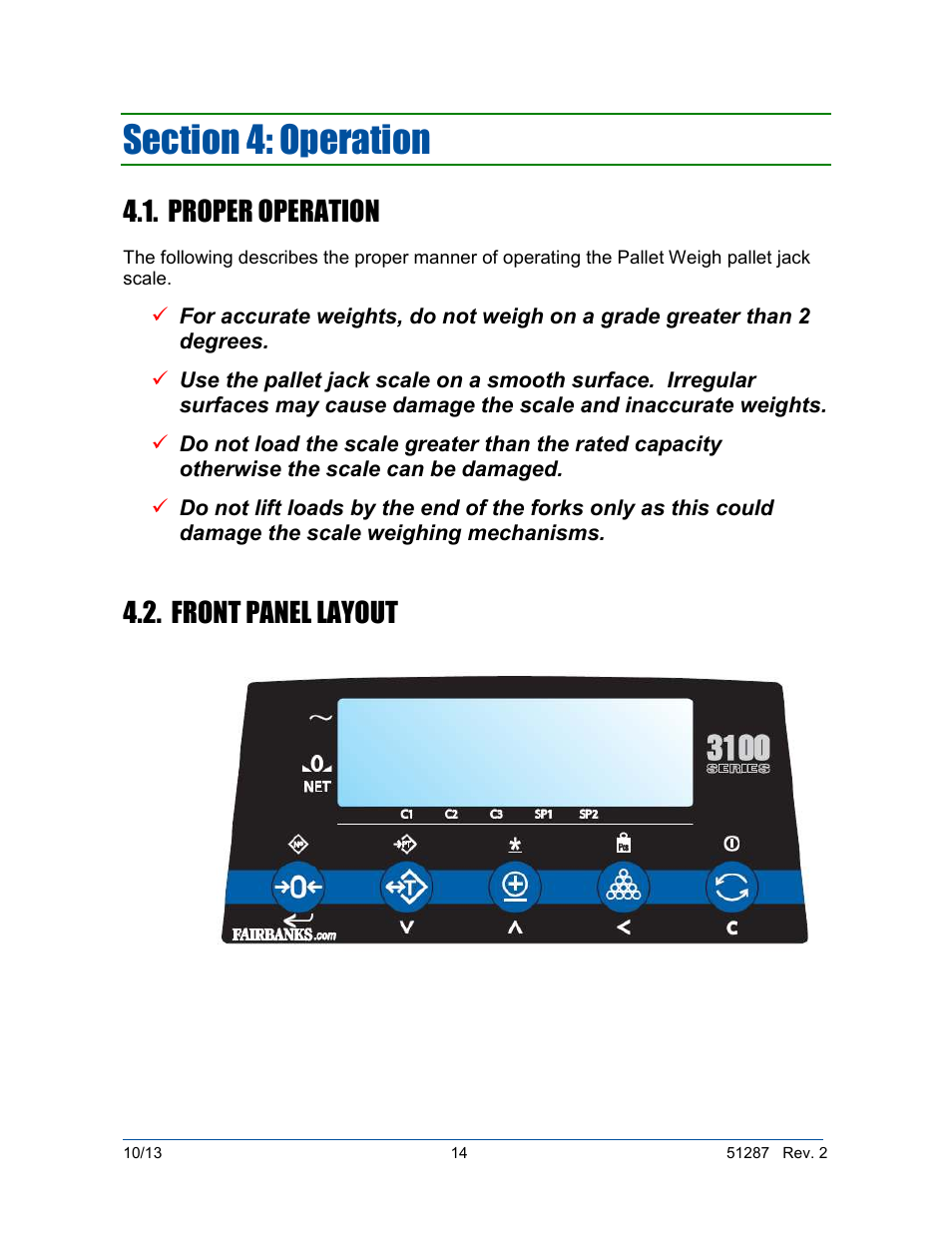 Proper operation, Front panel layout | Fairbanks 4100 SERIES Pallet Weigh Plus User Manual | Page 14 / 30