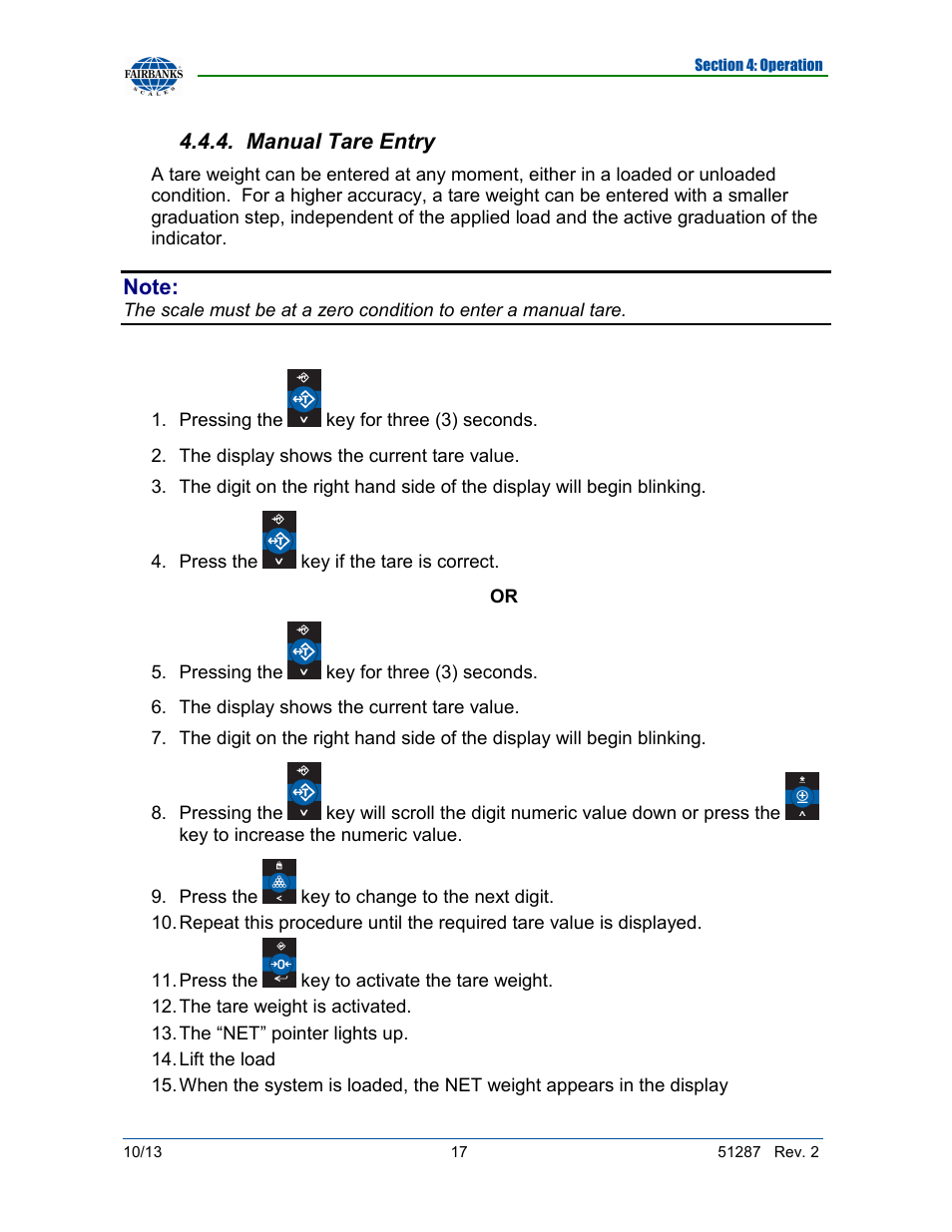 Manual tare entry | Fairbanks 4100 SERIES Pallet Weigh Plus User Manual | Page 17 / 30