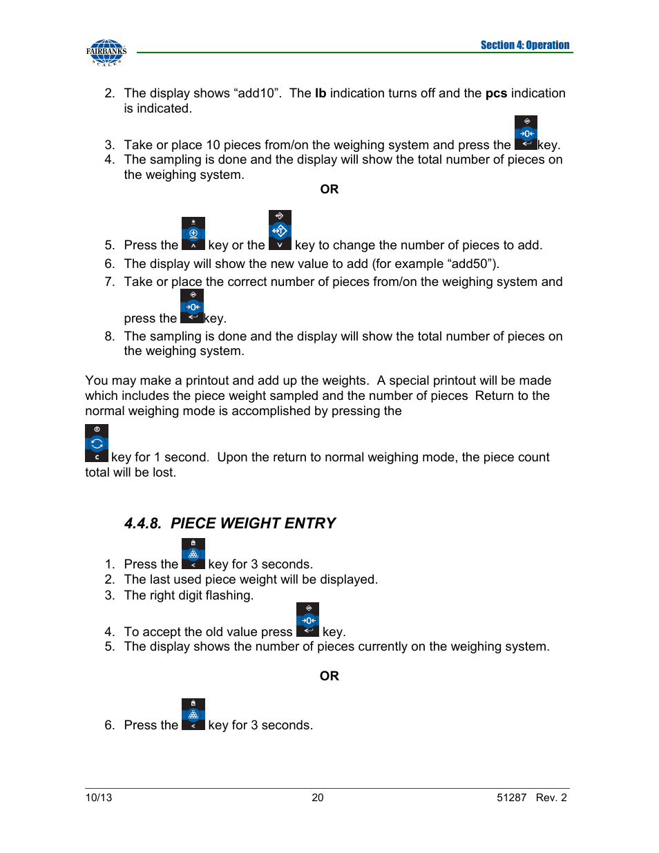 Piece weight entry | Fairbanks 4100 SERIES Pallet Weigh Plus User Manual | Page 20 / 30