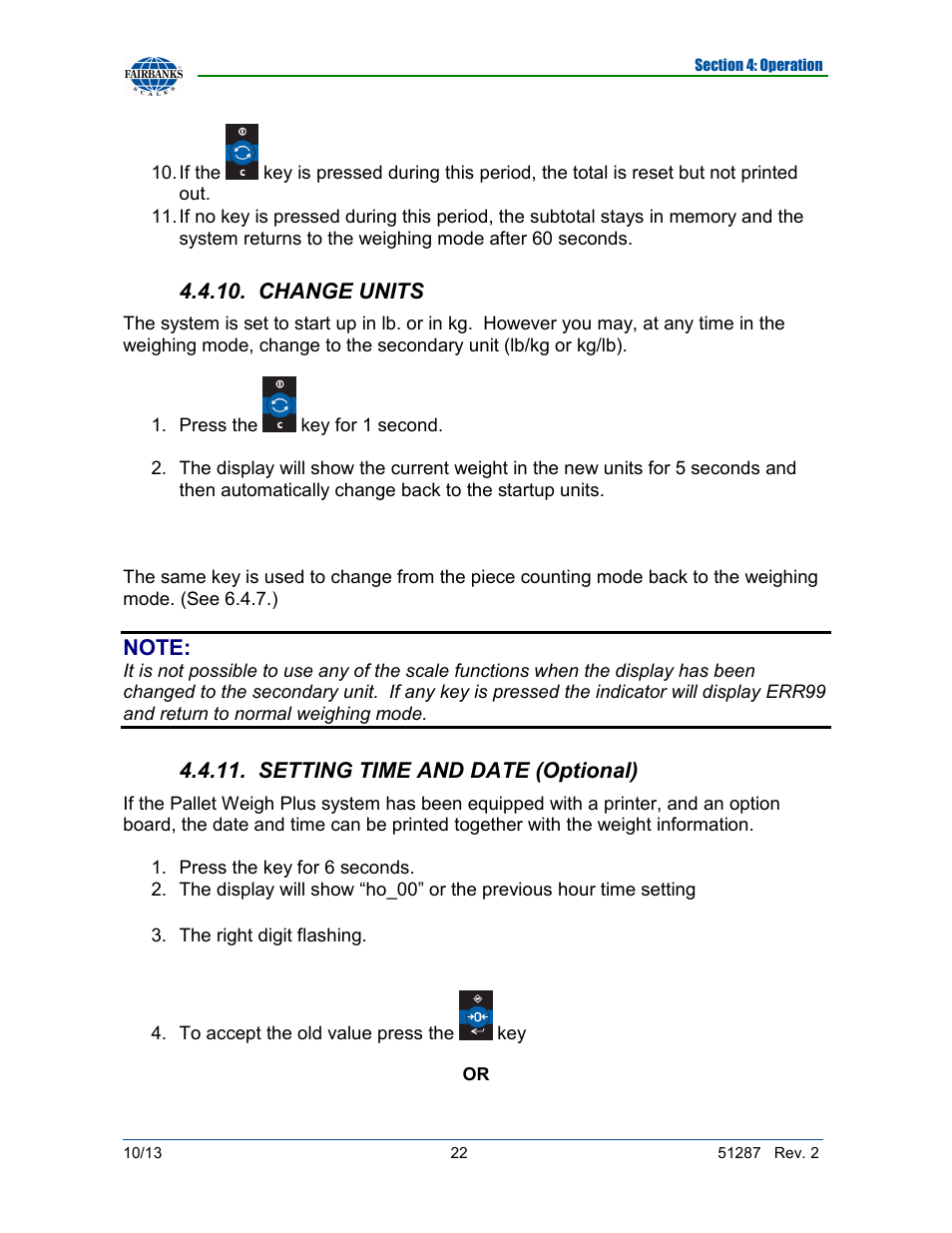 Change units, Setting time and date (optional) | Fairbanks 4100 SERIES Pallet Weigh Plus User Manual | Page 22 / 30