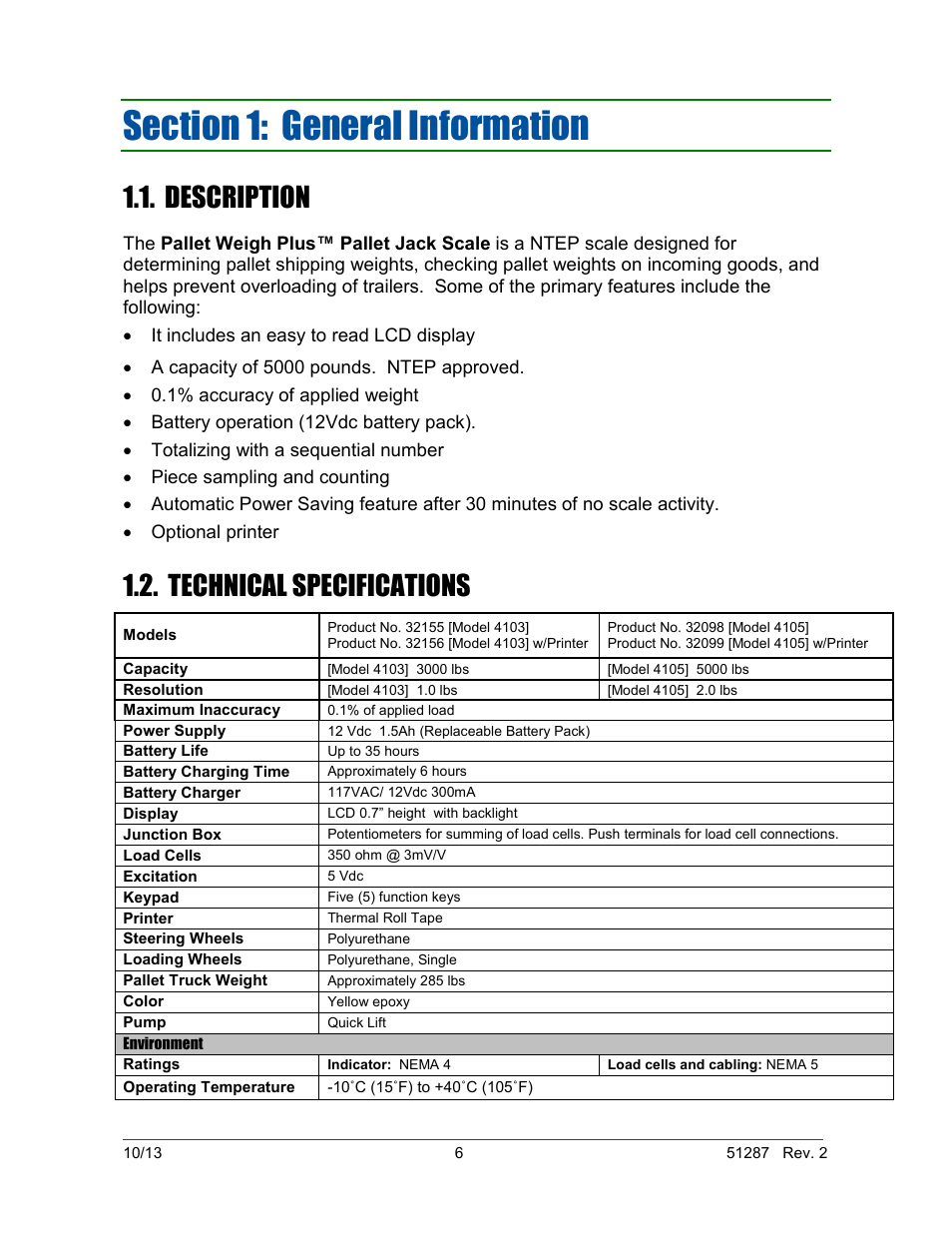 Description, Technical specifications | Fairbanks 4100 SERIES Pallet Weigh Plus User Manual | Page 6 / 30