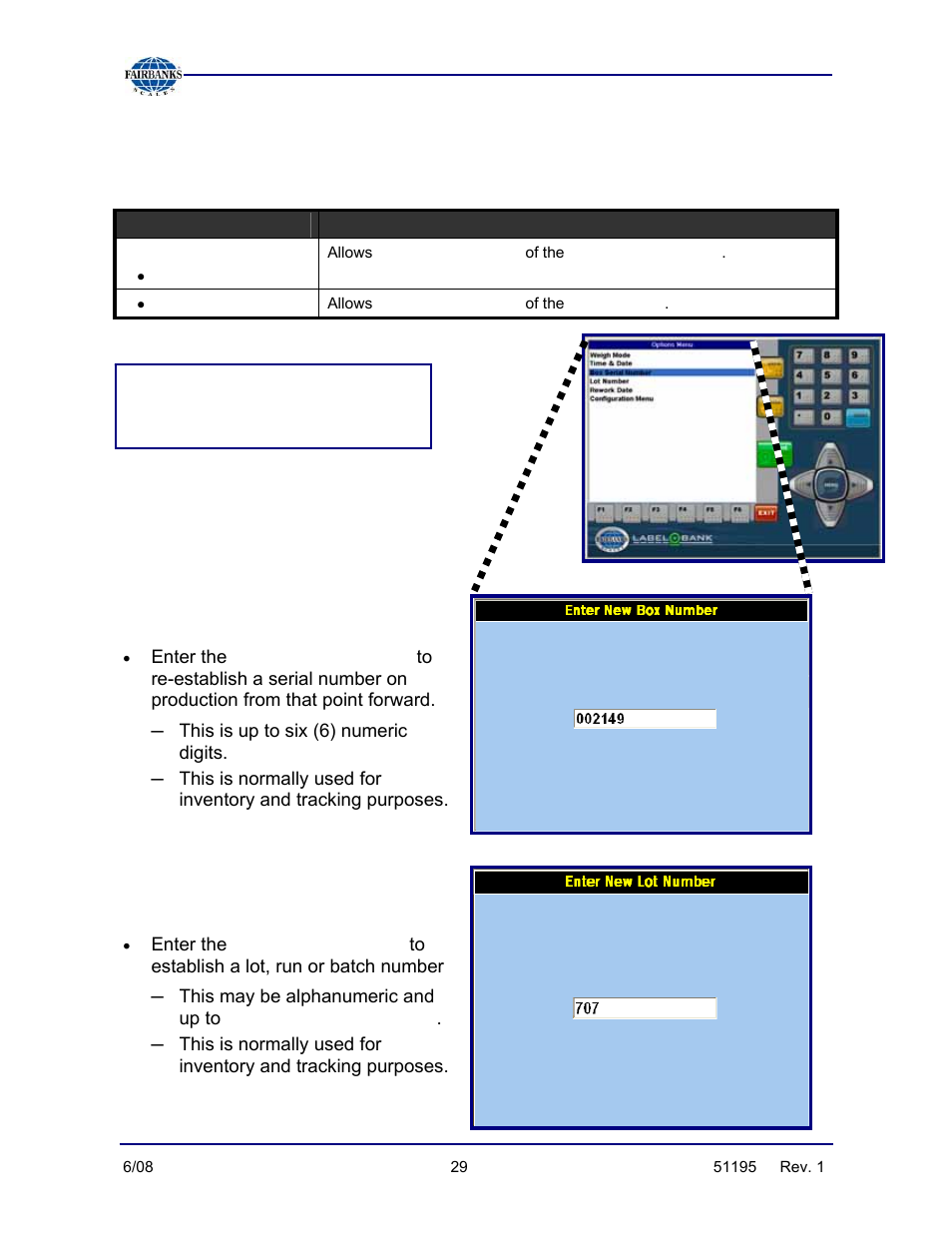 Options menu/box & lot numbers, New box number, Box number | New lot number, Lot number | Fairbanks LabelBank/DataBank Application For the FB3000 Series Programmers Manuals User Manual | Page 29 / 110