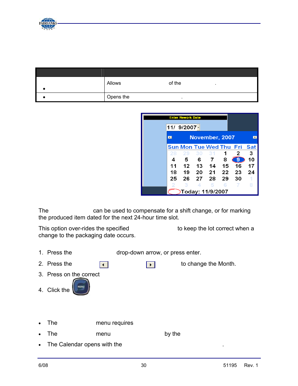 Options menu/rework date, Enter rework date, Rework date | Level 2 security clearance, Menu key, Enter key | Fairbanks LabelBank/DataBank Application For the FB3000 Series Programmers Manuals User Manual | Page 30 / 110