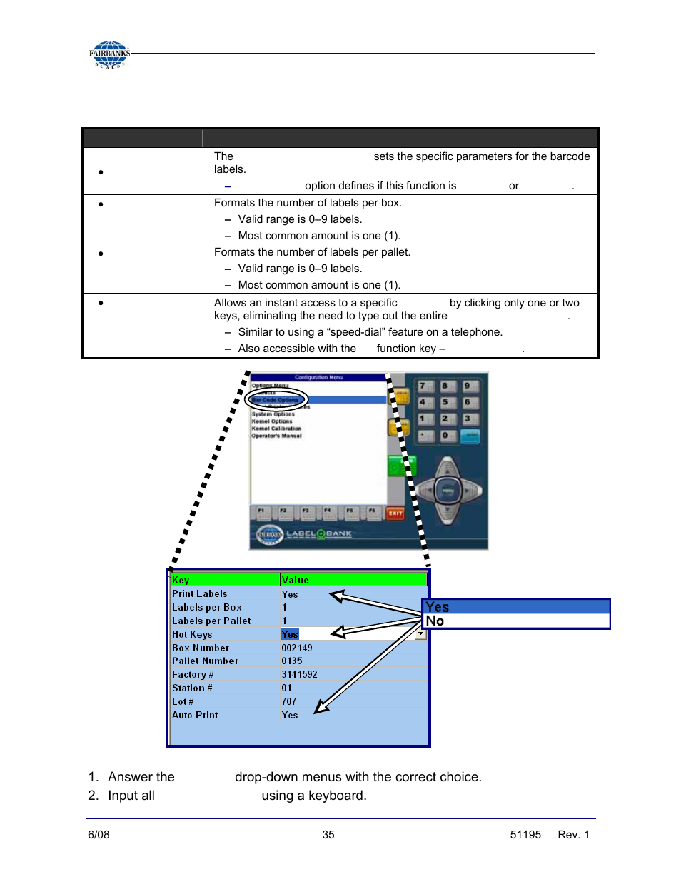 Configuration menu/barcode options, Steps, Yes/no | Fairbanks LabelBank/DataBank Application For the FB3000 Series Programmers Manuals User Manual | Page 35 / 110