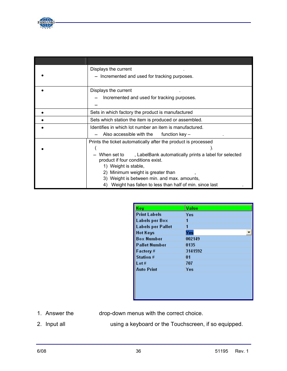 Configuration menu/barcode options, continued, Steps, Yes/no | Fairbanks LabelBank/DataBank Application For the FB3000 Series Programmers Manuals User Manual | Page 36 / 110