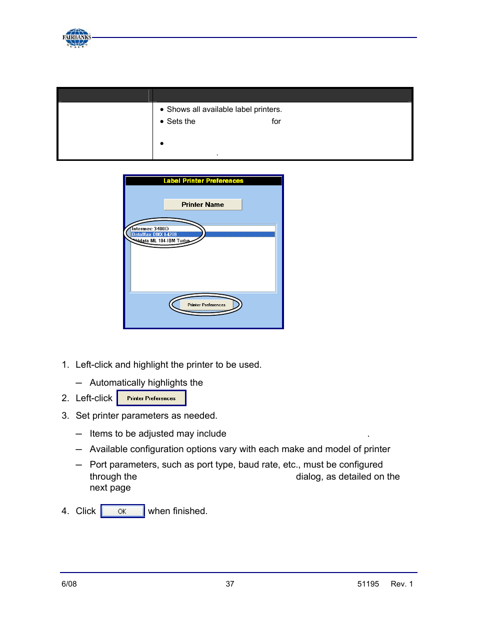 Configuration menu/label printer preferences, Printer setup steps, Windows | Printers and faxes | Fairbanks LabelBank/DataBank Application For the FB3000 Series Programmers Manuals User Manual | Page 37 / 110