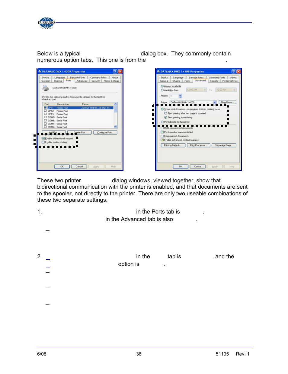 Enable bidirectional support, And spool print documents, Print directly to printer | Fairbanks LabelBank/DataBank Application For the FB3000 Series Programmers Manuals User Manual | Page 38 / 110