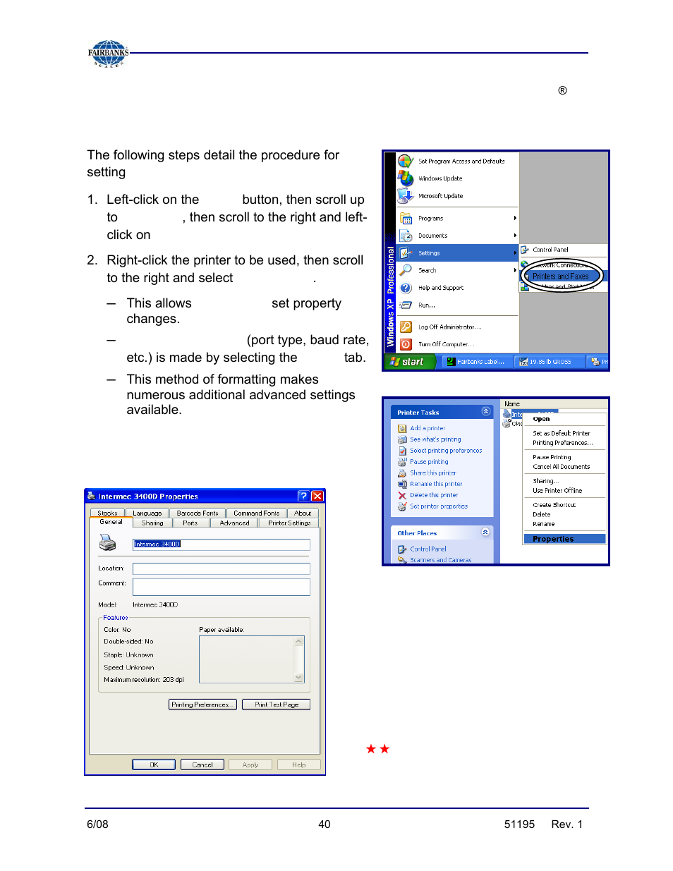 Program, Printer properties, Start | Settings, Printers and faxes, Properties, Ports | Fairbanks LabelBank/DataBank Application For the FB3000 Series Programmers Manuals User Manual | Page 40 / 110
