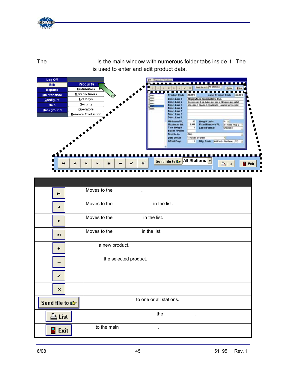 Edit/products tab, Products menu, Products window | Fairbanks LabelBank/DataBank Application For the FB3000 Series Programmers Manuals User Manual | Page 45 / 110