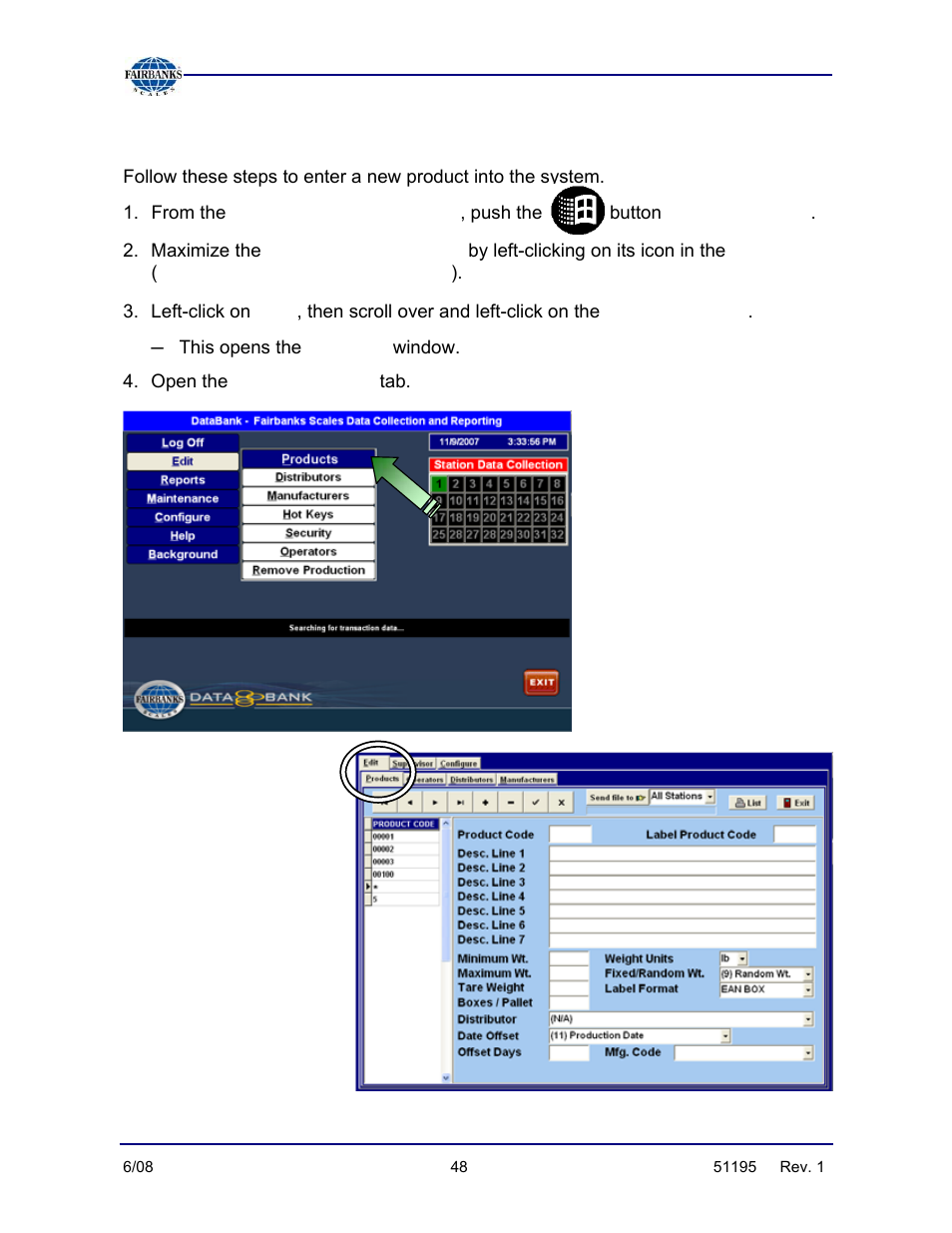 Entering a new product, Databank program, Edit | Product code, Edit/products | Fairbanks LabelBank/DataBank Application For the FB3000 Series Programmers Manuals User Manual | Page 48 / 110