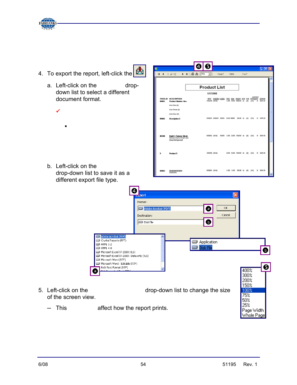 Generating a product list, continued, Format, Default = adobe pdf | Destination, View percentage | Fairbanks LabelBank/DataBank Application For the FB3000 Series Programmers Manuals User Manual | Page 54 / 110