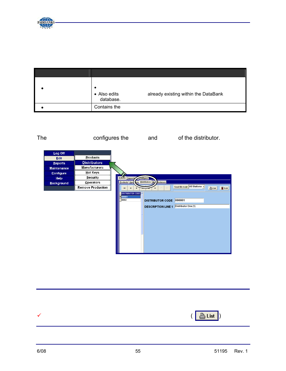 Editing distributor data, Code, Name | Distributors, Distributors list | Fairbanks LabelBank/DataBank Application For the FB3000 Series Programmers Manuals User Manual | Page 55 / 110