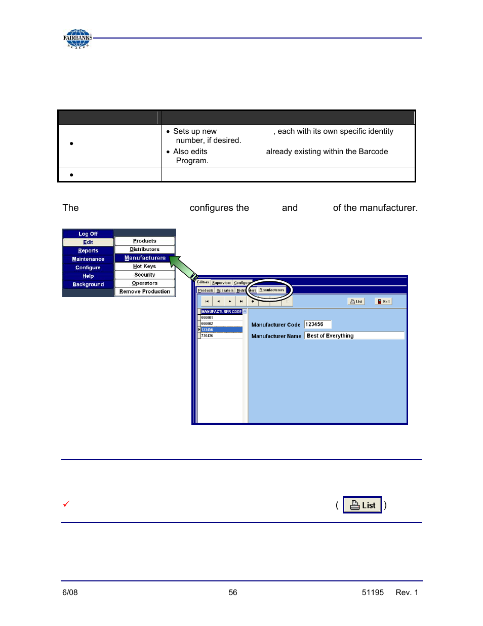 Edit/manufacturers field description, Code, Name | Manufacturers, Manufacturers list | Fairbanks LabelBank/DataBank Application For the FB3000 Series Programmers Manuals User Manual | Page 56 / 110