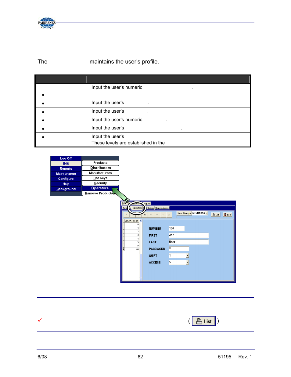 Editing operator data, Operators, Operators list | Fairbanks LabelBank/DataBank Application For the FB3000 Series Programmers Manuals User Manual | Page 62 / 110