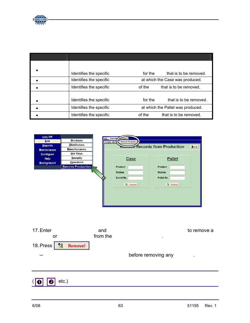 Removing production data, Product, station, Case or pallet serial number | Fairbanks LabelBank/DataBank Application For the FB3000 Series Programmers Manuals User Manual | Page 63 / 110