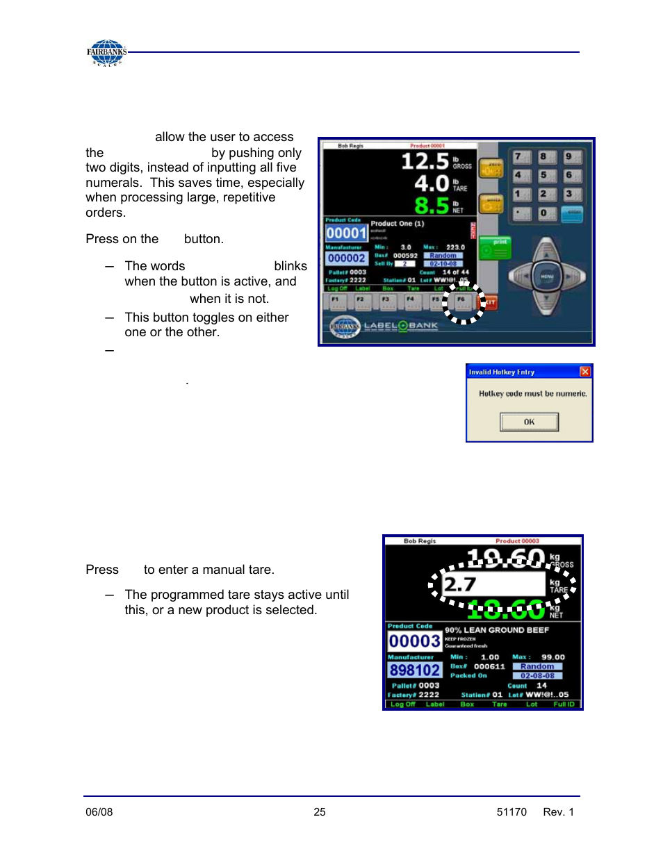 Activating the hot keys, Entering a tare, Hot keys | Full id | Fairbanks LabelBank Barcode Application For the FB3000 Series Operators Manuals User Manual | Page 25 / 48