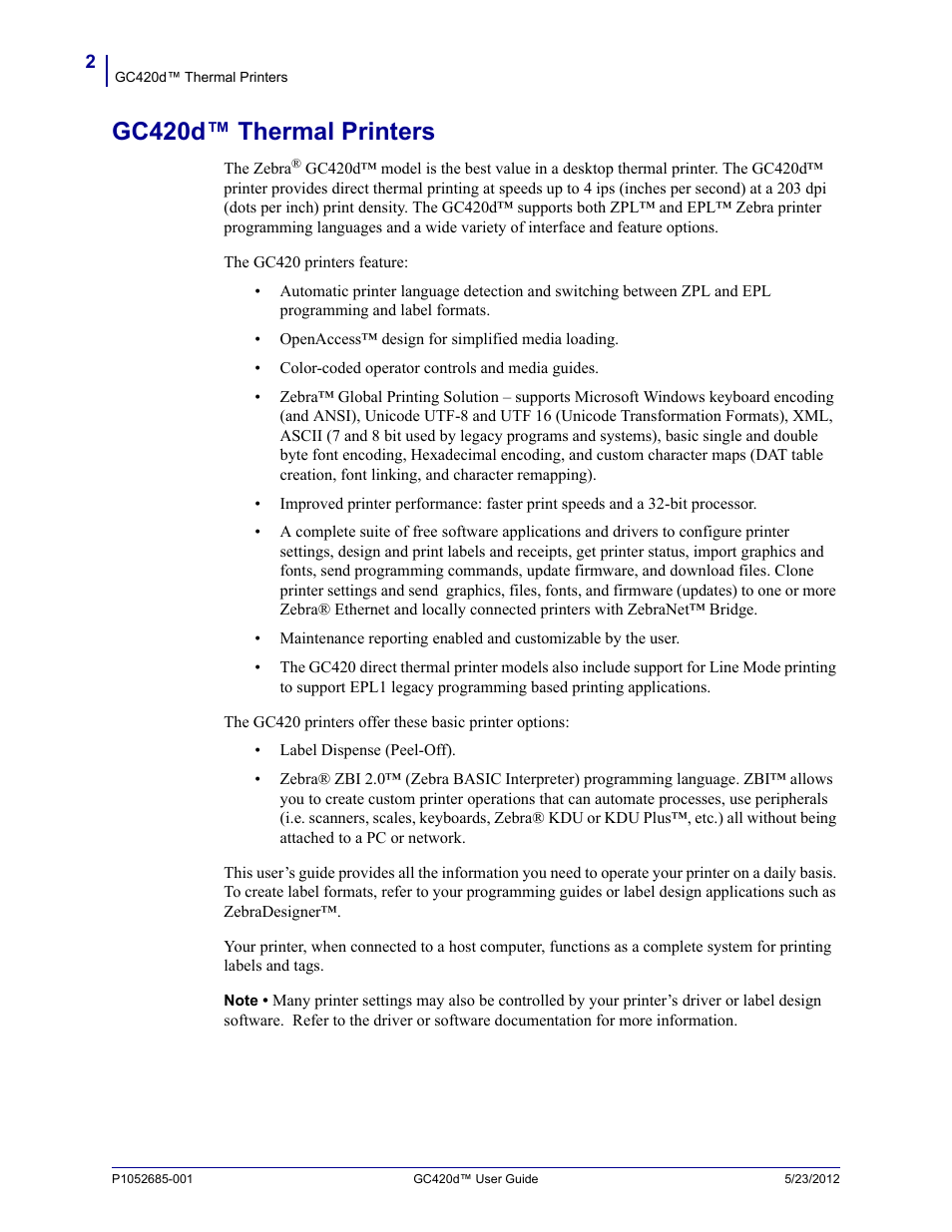 Gc420d™ thermal printers | Fairbanks Zebra GC420d User Manual | Page 14 / 100