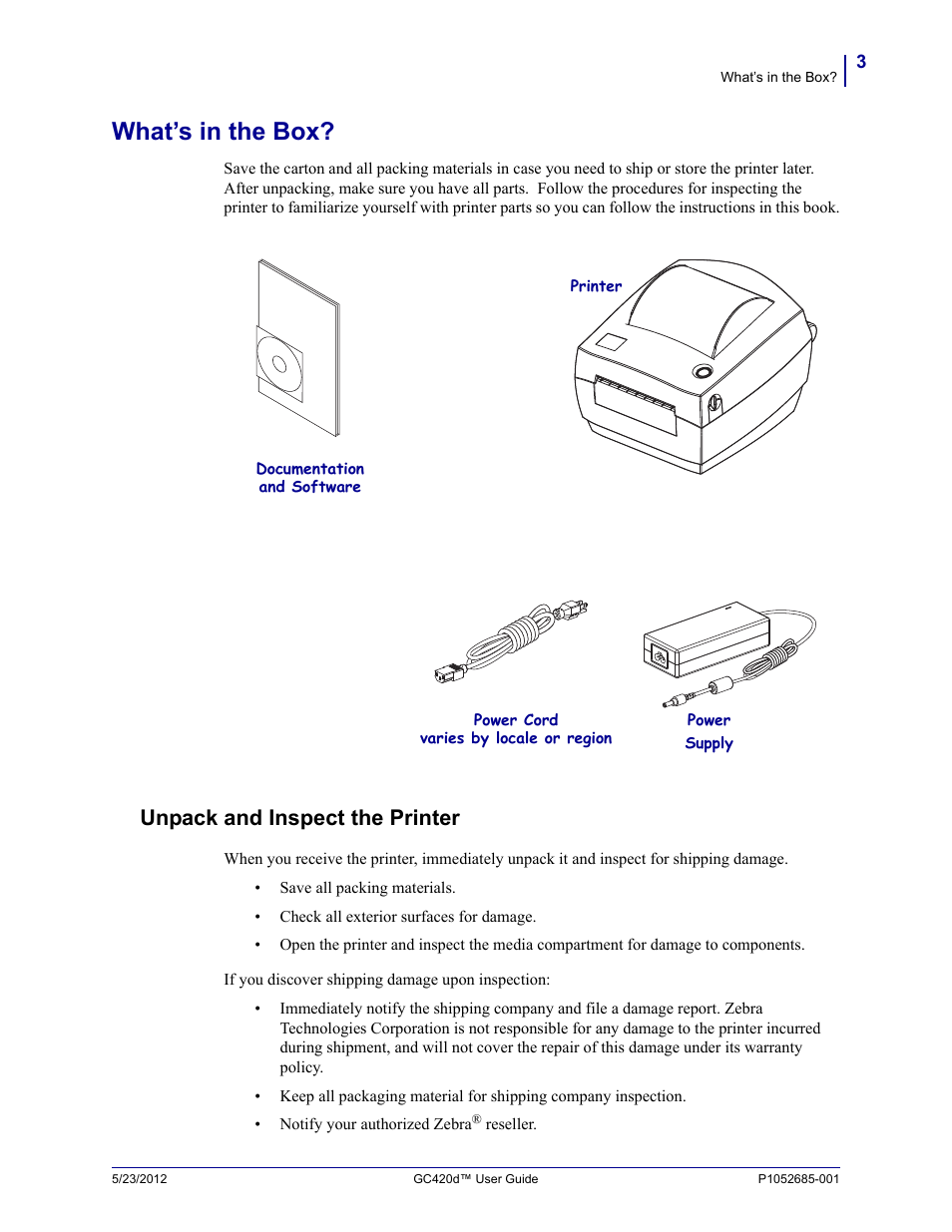 What’s in the box, Unpack and inspect the printer, What’s in the box? unpack and inspect the printer | Fairbanks Zebra GC420d User Manual | Page 15 / 100