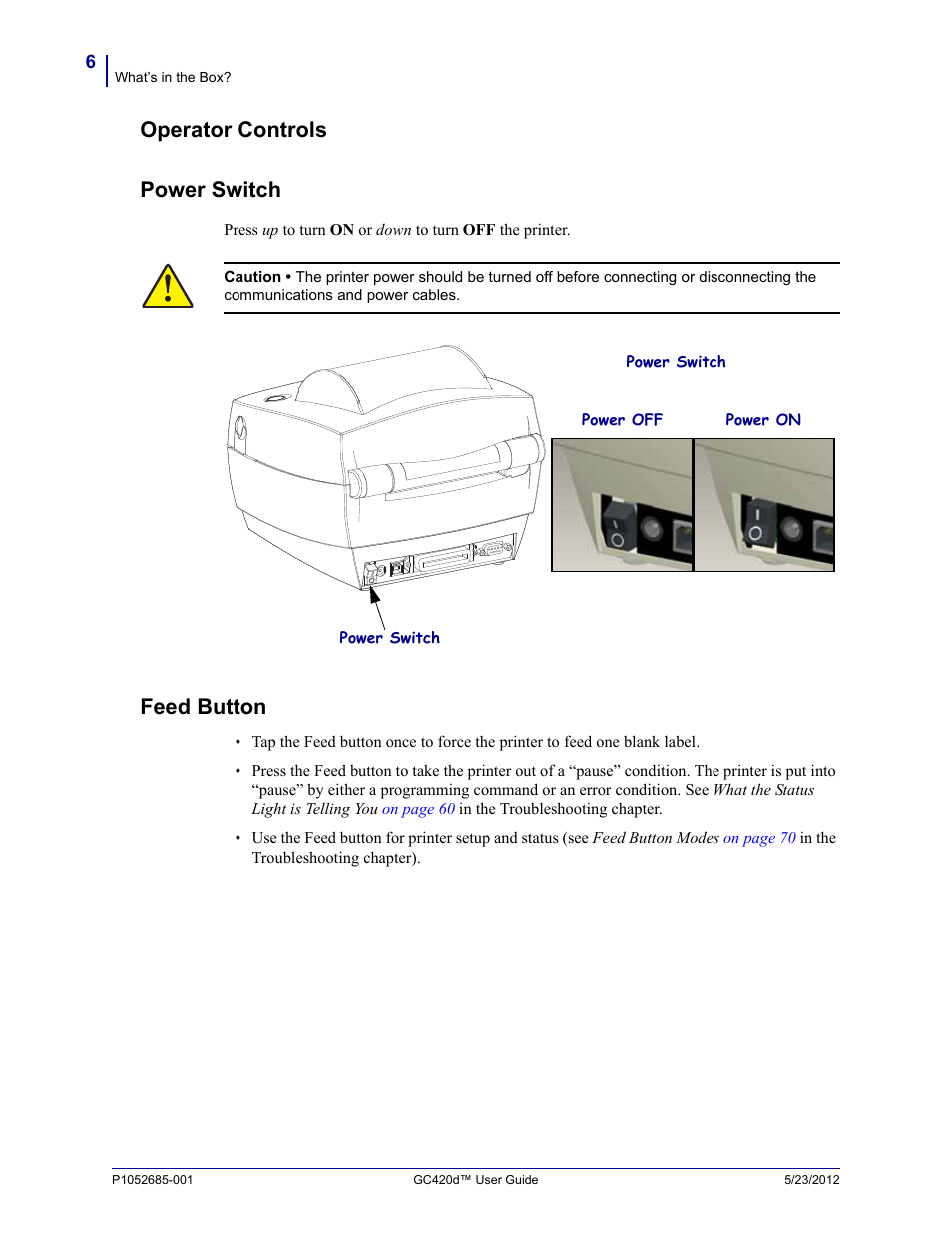 Operator controls, Operator controls power switch, Feed button | Fairbanks Zebra GC420d User Manual | Page 18 / 100