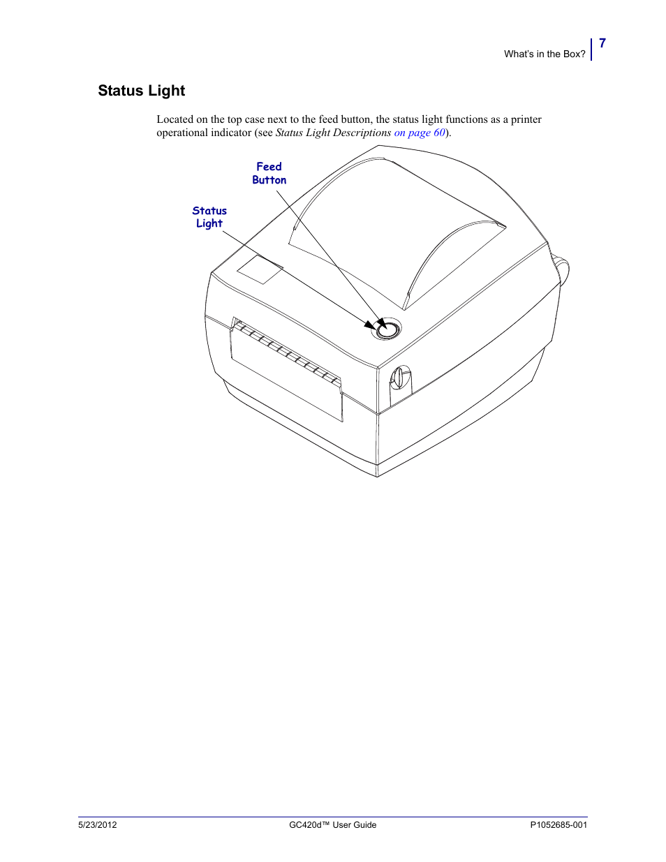 Status light | Fairbanks Zebra GC420d User Manual | Page 19 / 100