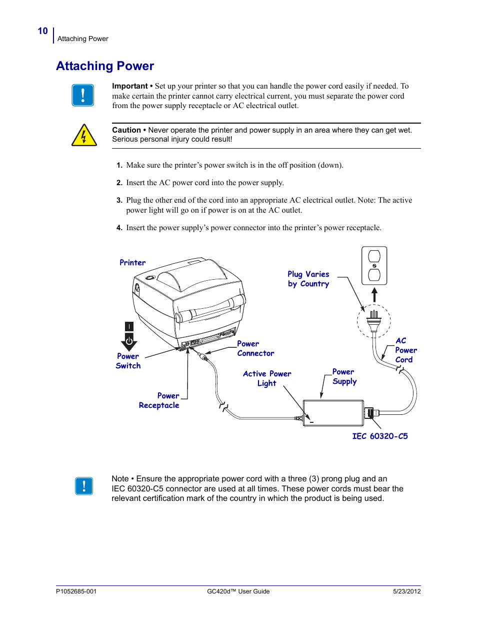 Attaching power | Fairbanks Zebra GC420d User Manual | Page 22 / 100