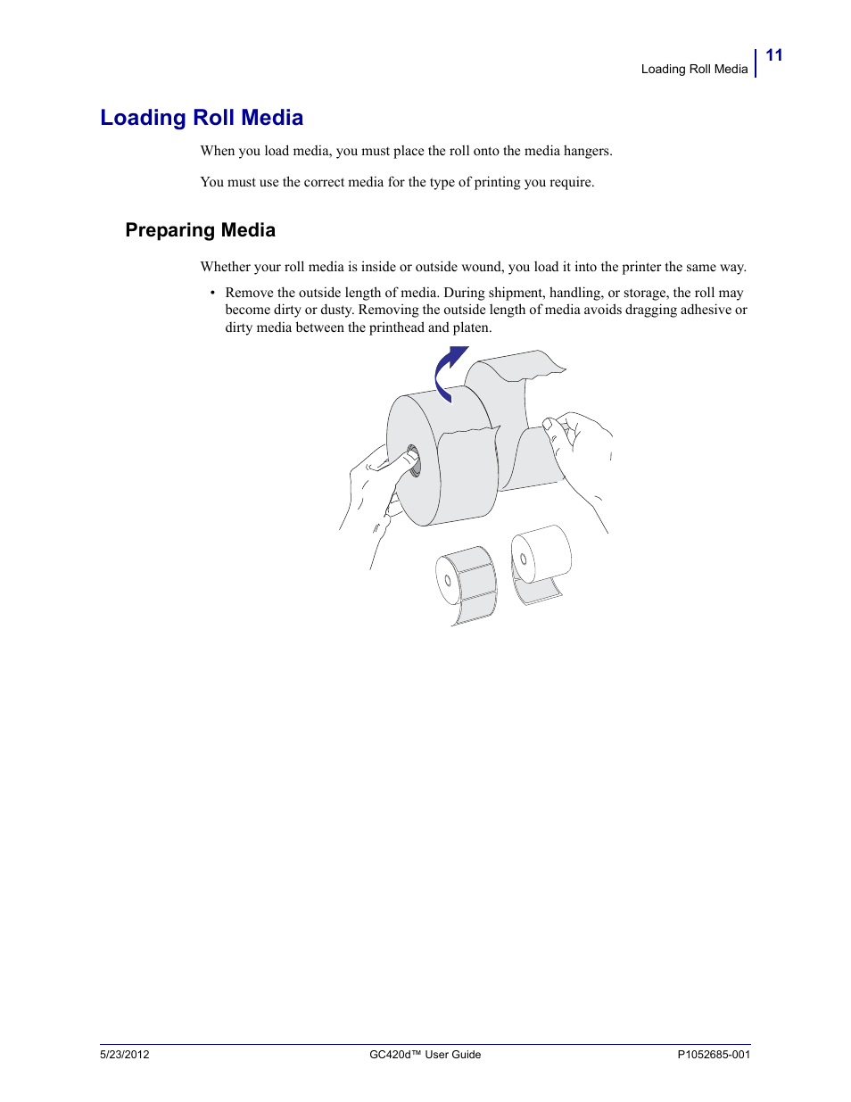 Loading roll media, Preparing media | Fairbanks Zebra GC420d User Manual | Page 23 / 100