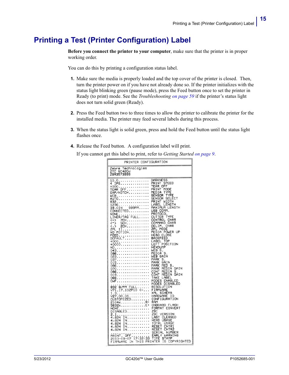 Printing a test (printer configuration) label | Fairbanks Zebra GC420d User Manual | Page 27 / 100
