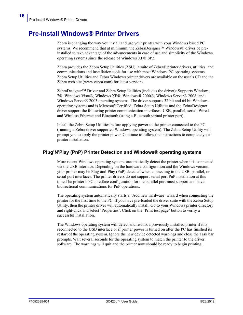 Pre-install windows® printer drivers | Fairbanks Zebra GC420d User Manual | Page 28 / 100