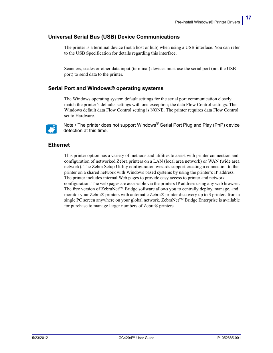 Universal serial bus (usb) device communications, Serial port and windows® operating systems, Ethernet | Fairbanks Zebra GC420d User Manual | Page 29 / 100