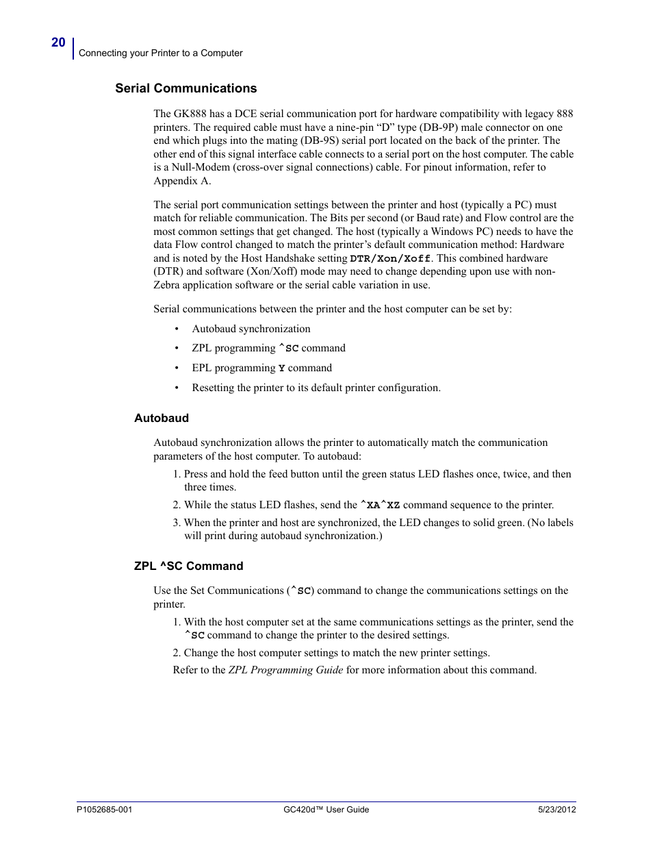 Serial communications | Fairbanks Zebra GC420d User Manual | Page 32 / 100