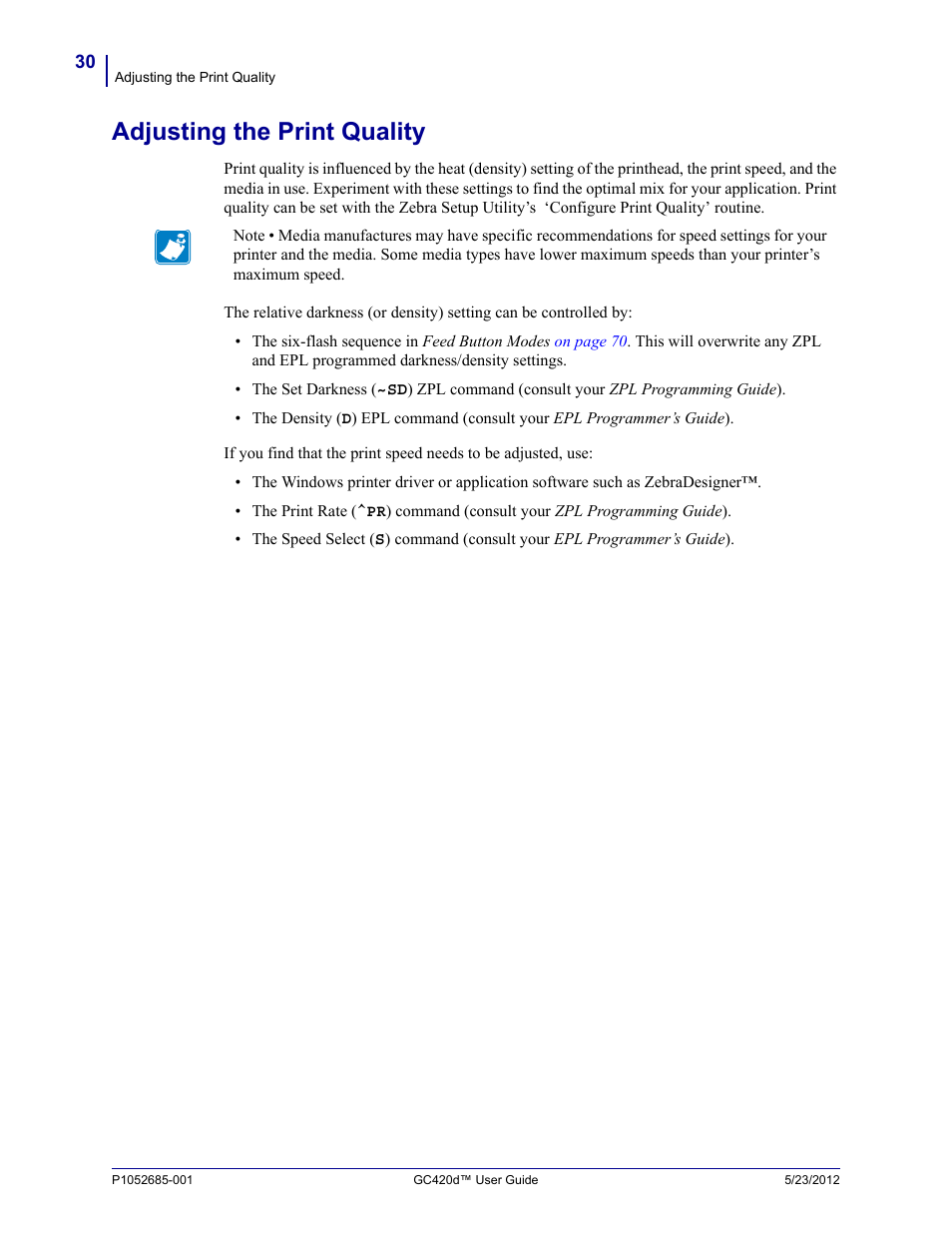 Adjusting the print quality | Fairbanks Zebra GC420d User Manual | Page 42 / 100