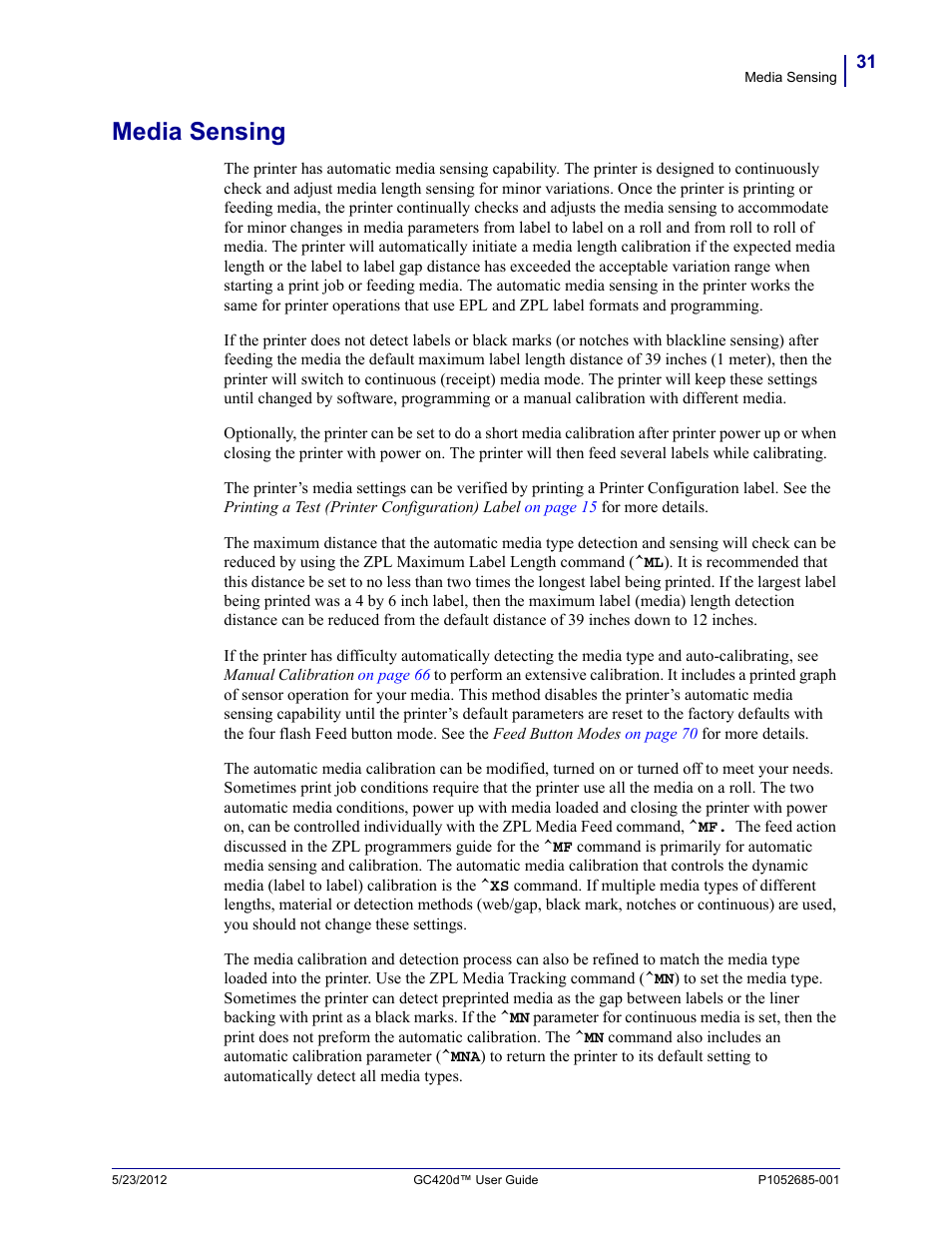 Media sensing | Fairbanks Zebra GC420d User Manual | Page 43 / 100