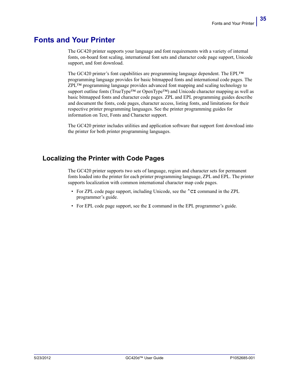 Fonts and your printer, Localizing the printer with code pages | Fairbanks Zebra GC420d User Manual | Page 47 / 100