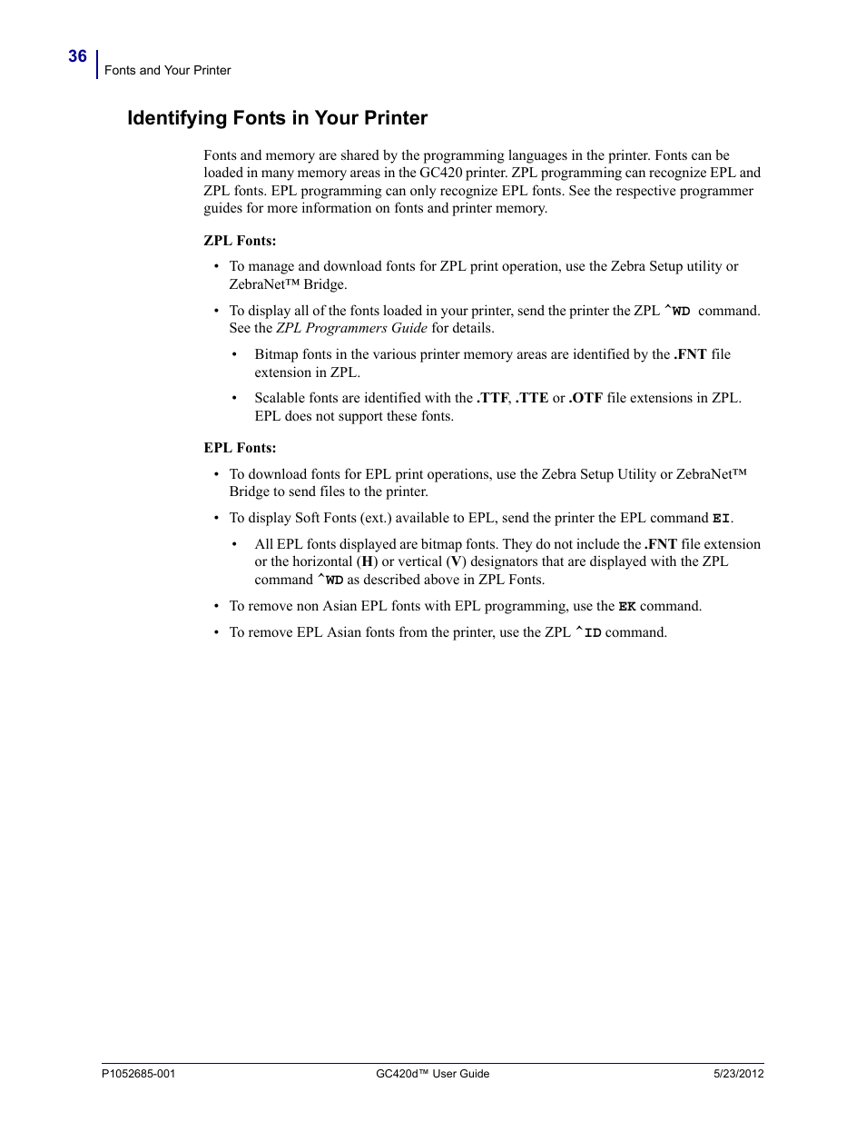 Identifying fonts in your printer | Fairbanks Zebra GC420d User Manual | Page 48 / 100