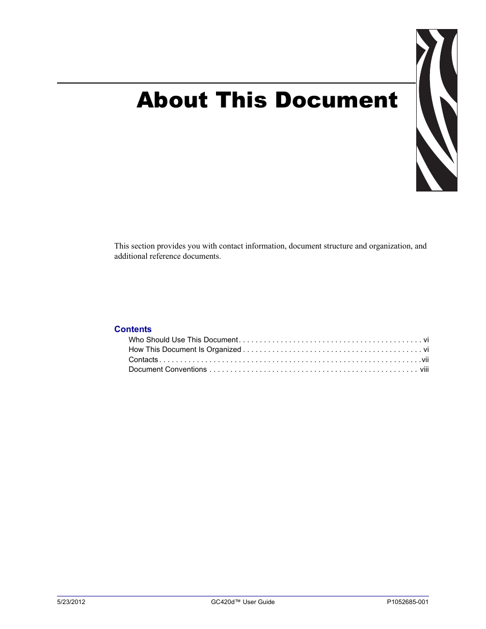 About this document | Fairbanks Zebra GC420d User Manual | Page 5 / 100