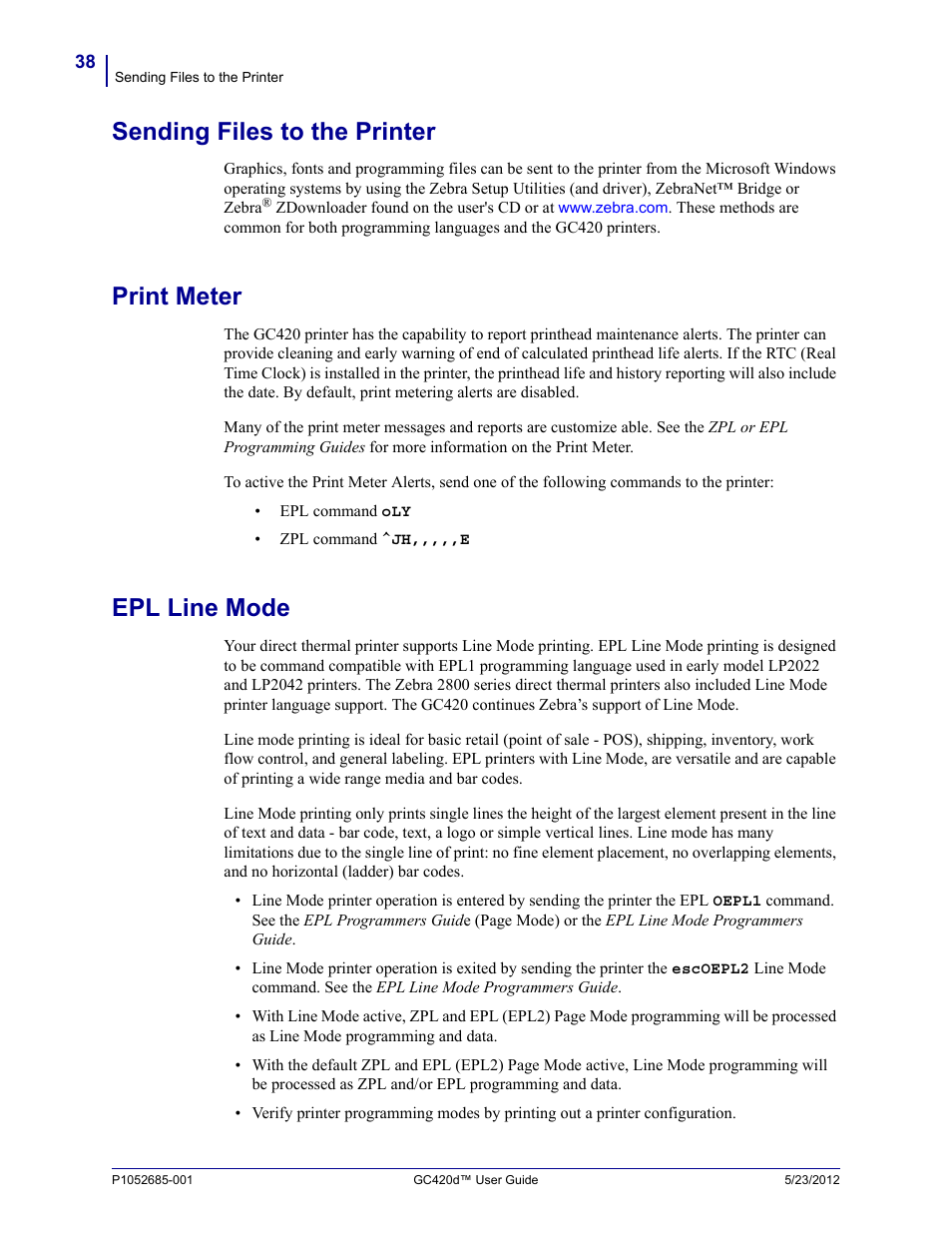Sending files to the printer, Print meter, Epl line mode | Fairbanks Zebra GC420d User Manual | Page 50 / 100