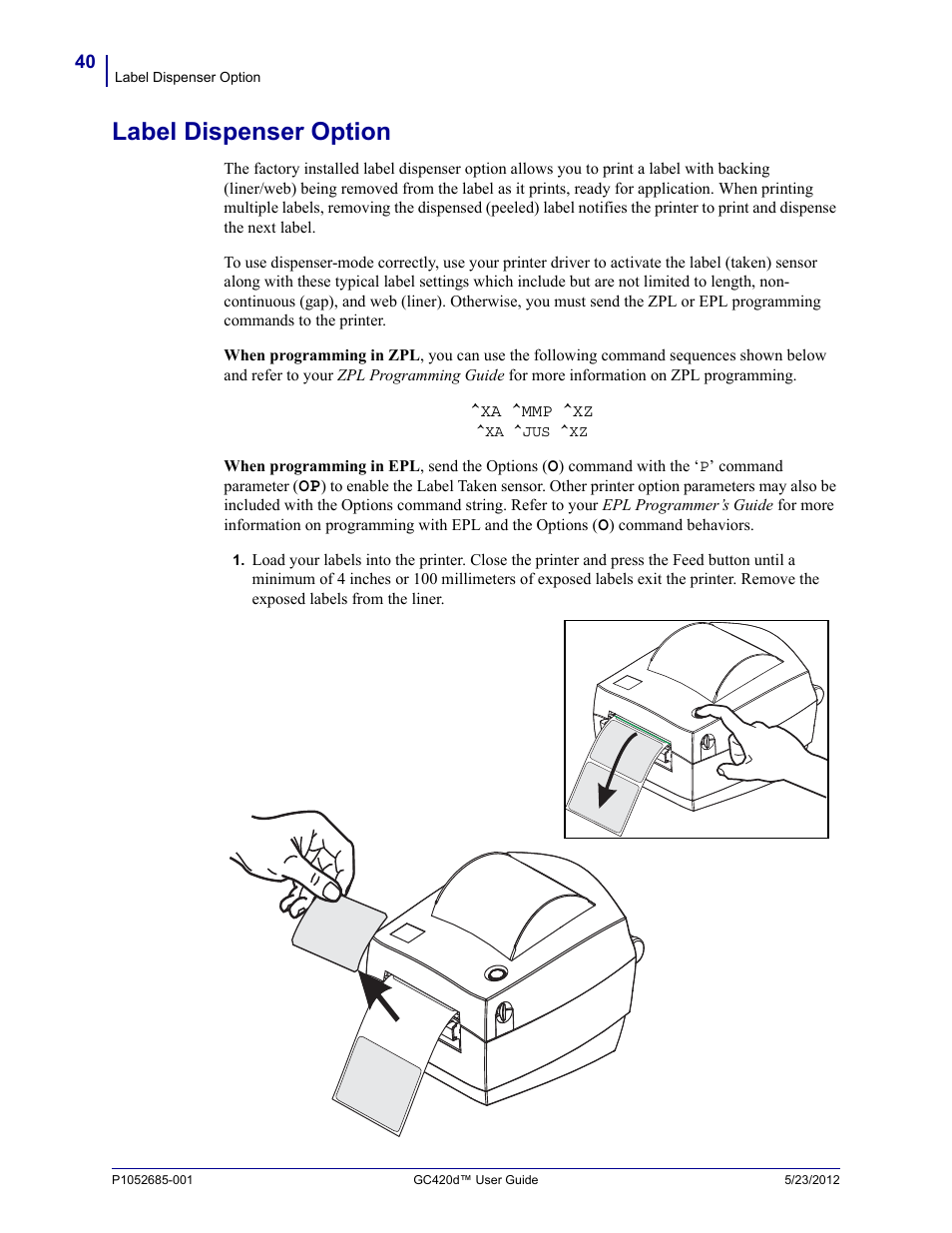 Label dispenser option | Fairbanks Zebra GC420d User Manual | Page 52 / 100